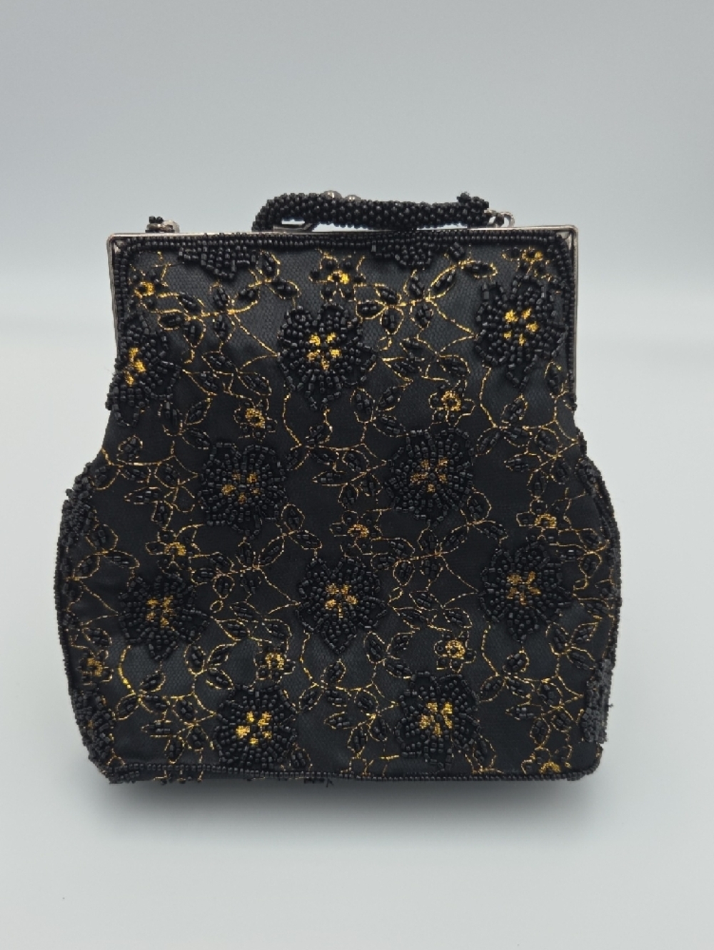 Vintage Sasha Black Gold Satin Beaded Floral Bag Y2K Glam Whimsigoth Coquette - Picture 2 of 9